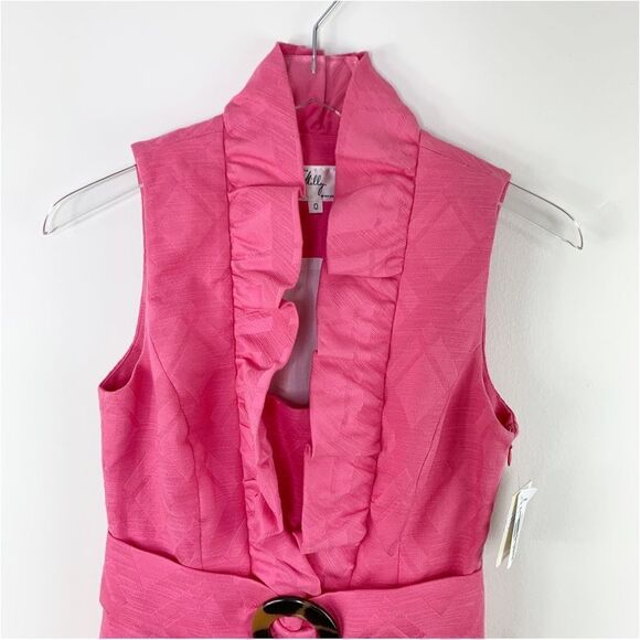 Milly New York Danielle Pink Ruffle Front‎ Belted Sheath Sz 0 - Picture 4 of 15